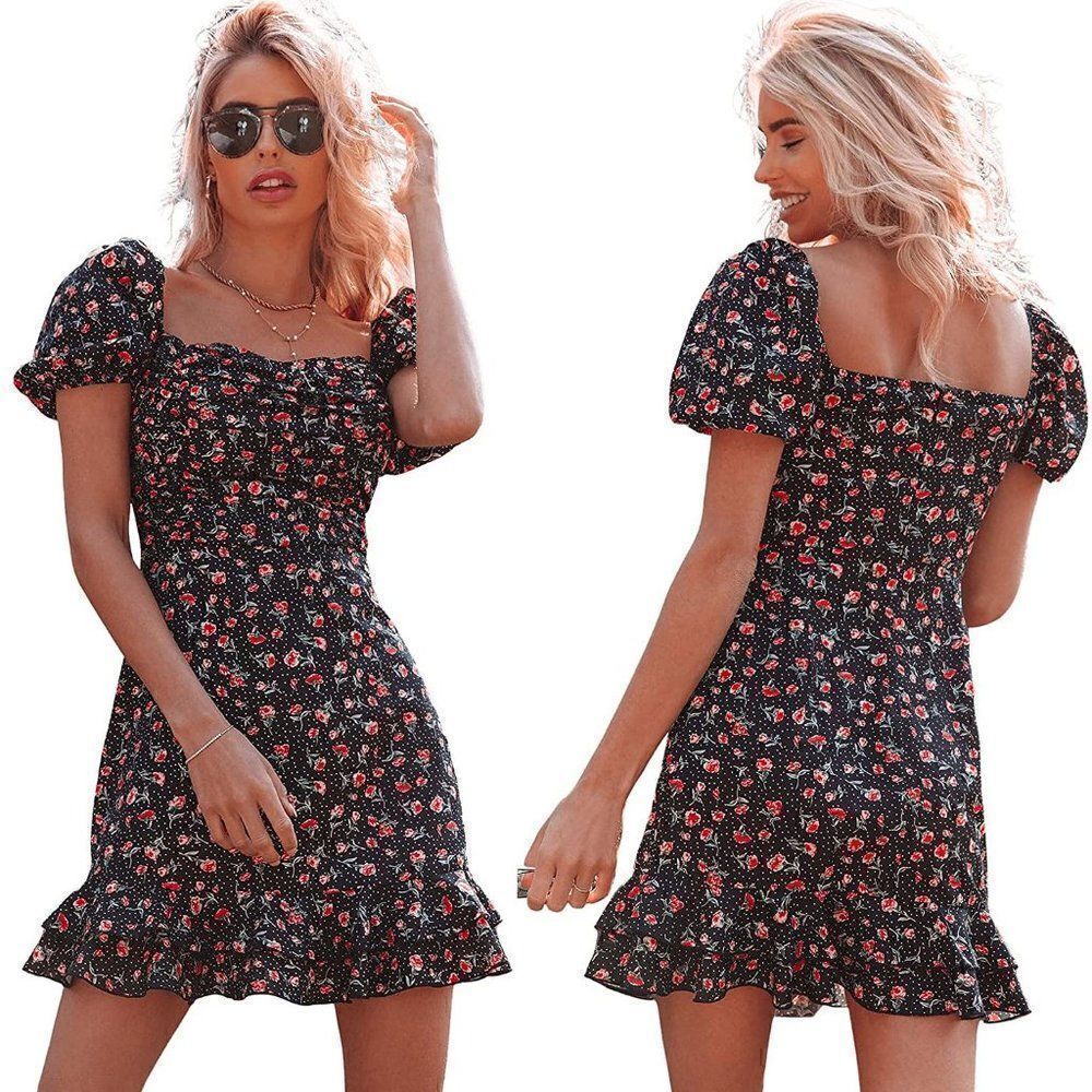 Ruched Short Puff Sleeve Casual Flounce Hem Floral Cute Mini Dress SIZE S NEW